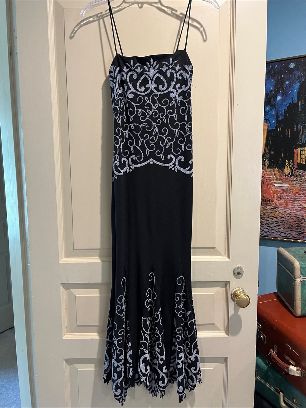 Black Spaghetti-Strap Embellished Beaded Evening Gown with Flaring Skirt